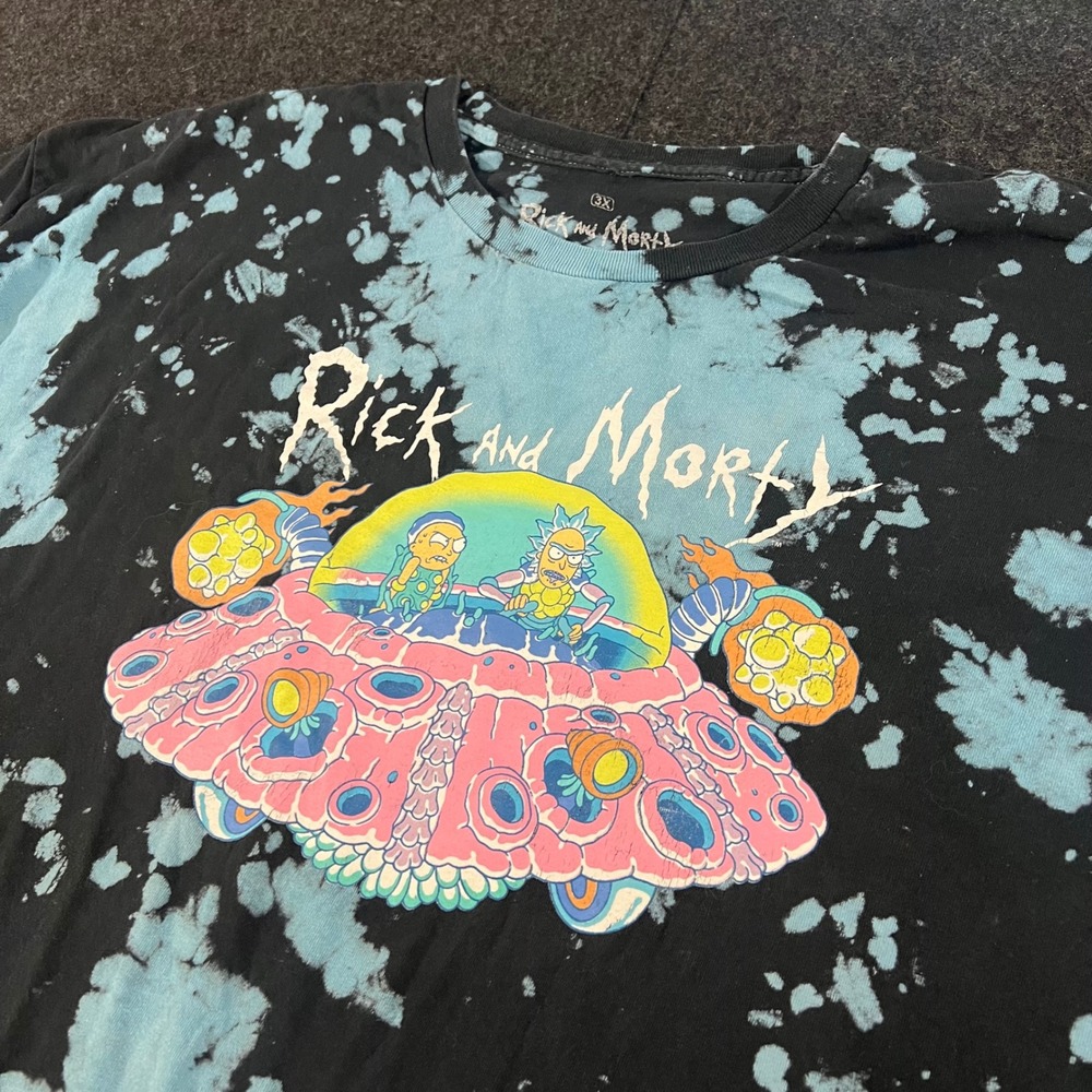 Rick and Morty T-Shirt Mens 3X Black Blue Tie Dye Spaceship Graphic Tee